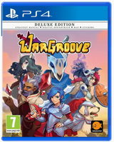 Front cover of the PS4 game Wargroove Deluxe Edition, showing illustrated fantasy characters and the title logo on a blue game case.