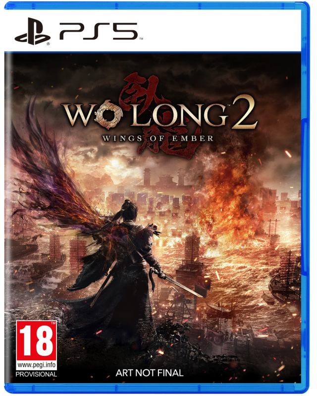 PS5 game case cover for Wo Long 2: Wings of Ember, showing a dark warrior with a sword and large feathered wings over a burning city, with PS5 branding and an 18 rating logo visible.