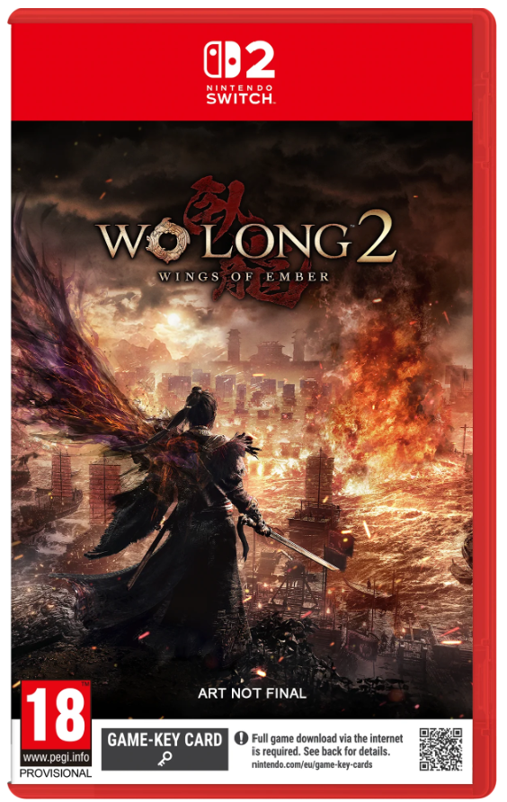 Nintendo Switch game case for Wo Long 2: Wings of Ember, showing the front cover art with a fiery battle scene, a warrior in dark robes, and the Nintendo Switch branding at the top.