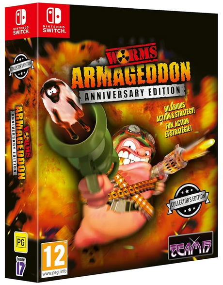 Worms Armageddon Anniversary Edition game box for Nintendo Switch with cartoon characters on a fiery background.