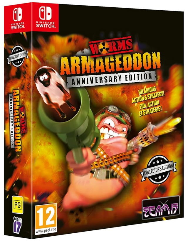 Worms Armageddon Anniversary Edition game box for Nintendo Switch with cartoon characters on a fiery background.