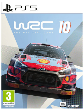WRC 10 game cover for PS5 with a racing car and sponsor logos.
