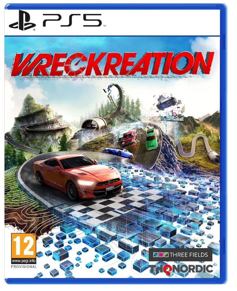 Game cover for 'Wreckreation' on PS5 with racing cars and track design.