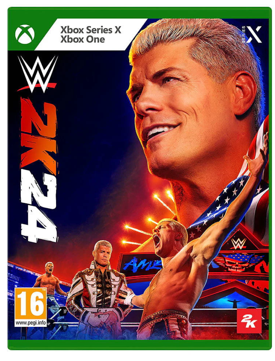 WWE 2K24 game cover for Xbox Series X and Xbox One with a wrestler on the cover.