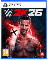 PlayStation 5 game cover for WWE 2K26 featuring a muscular man with tattoos and a bandaged arm.