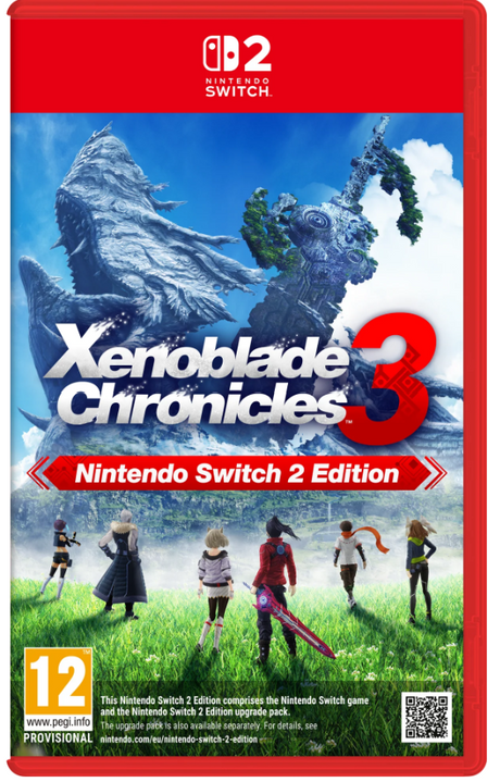Front cover of the Nintendo Switch 2 edition of Xenoblade Chronicles 3, featuring the red Nintendo Switch 2 banner at the top, the game title in large white and red text, a blue sky and stone landscape, several characters standing in a grassy field, and a PEGI 12 rating logo at the bottom left.