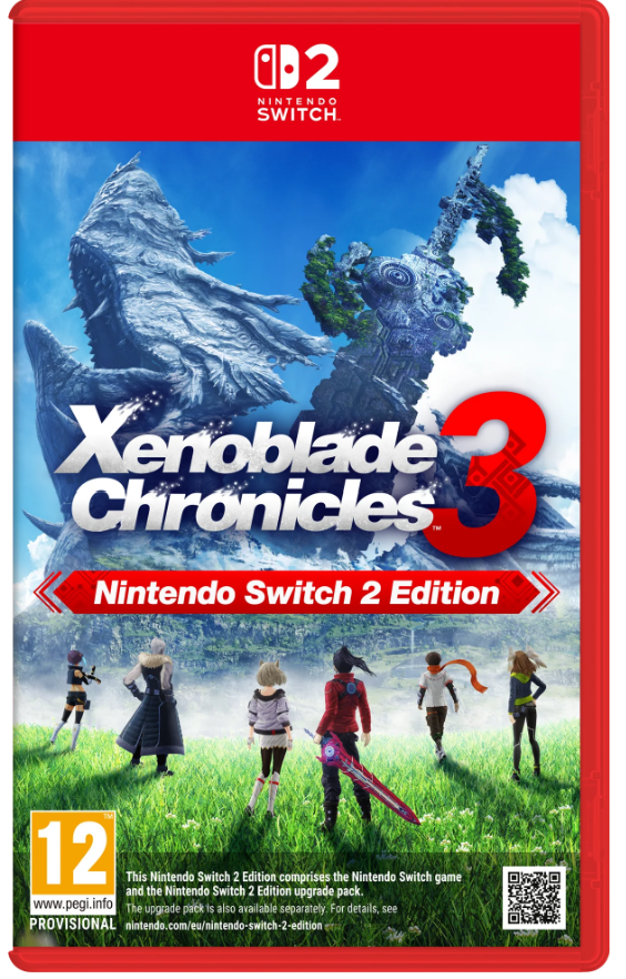 Front cover of the Nintendo Switch 2 edition of Xenoblade Chronicles 3, featuring the red Nintendo Switch 2 banner at the top, the game title in large white and red text, a blue sky and stone landscape, several characters standing in a grassy field, and a PEGI 12 rating logo at the bottom left.