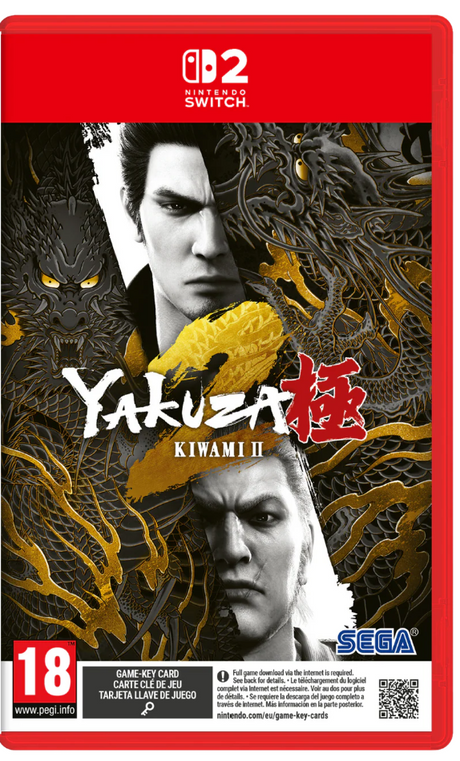 Yakuza Kiwami 2 game case for Nintendo Switch with dragons and faces on a red background