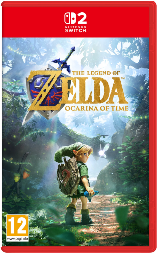 Nintendo Switch game case for The Legend of Zelda: Ocarina of Time, featuring artwork of Link in a lush green forest with the game title and Nintendo Switch branding visible.