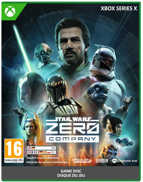 Front cover art for the video game Star Wars: Zero Company for Xbox Series X, featuring multiple Star Wars characters in space against a dark blue background, with Xbox branding and a green border.